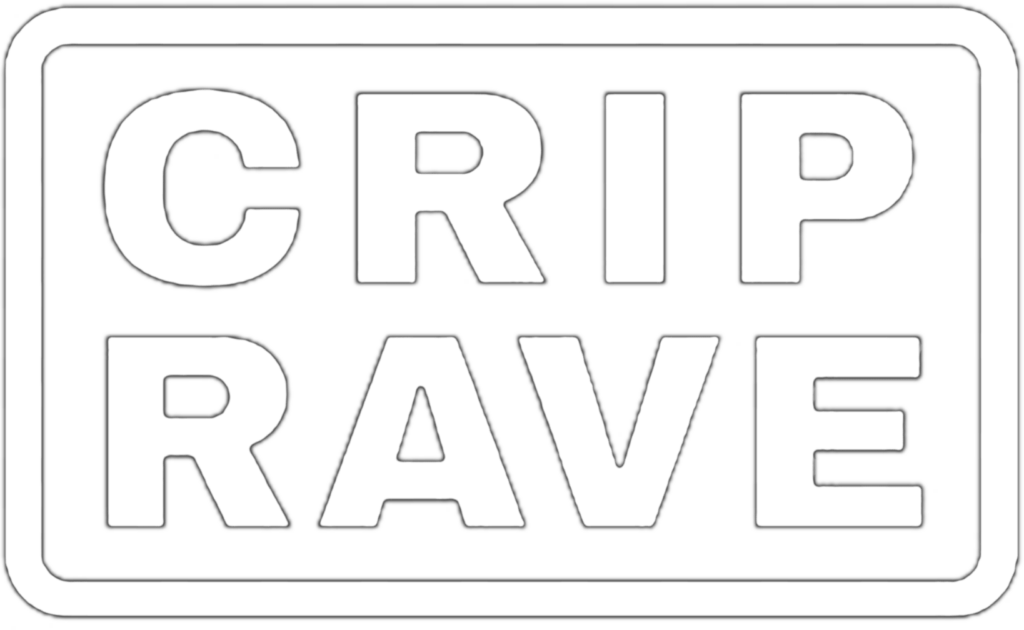 White CRIP RAVE logo, with capitalized and bolded text encompassed by a square boarder.