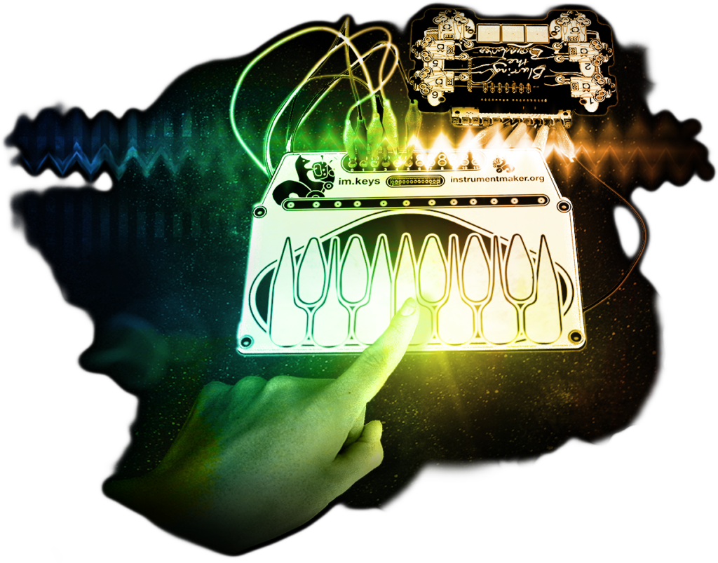 A finger pressing down on a DIY musical instrument board. The board is flat, with metal contact points to touch. The board is layed-out similarly to a musical keyboard. Wires with alligator clips are connecting the instrument board to a Blurring the Boundaries computer module. The image is treated with a rainbow gradient, and the DIY instrument is floating against a star backdrop. Light flares are used to indicate energy or contact points. An animated digital glitch effect is applied to the image.