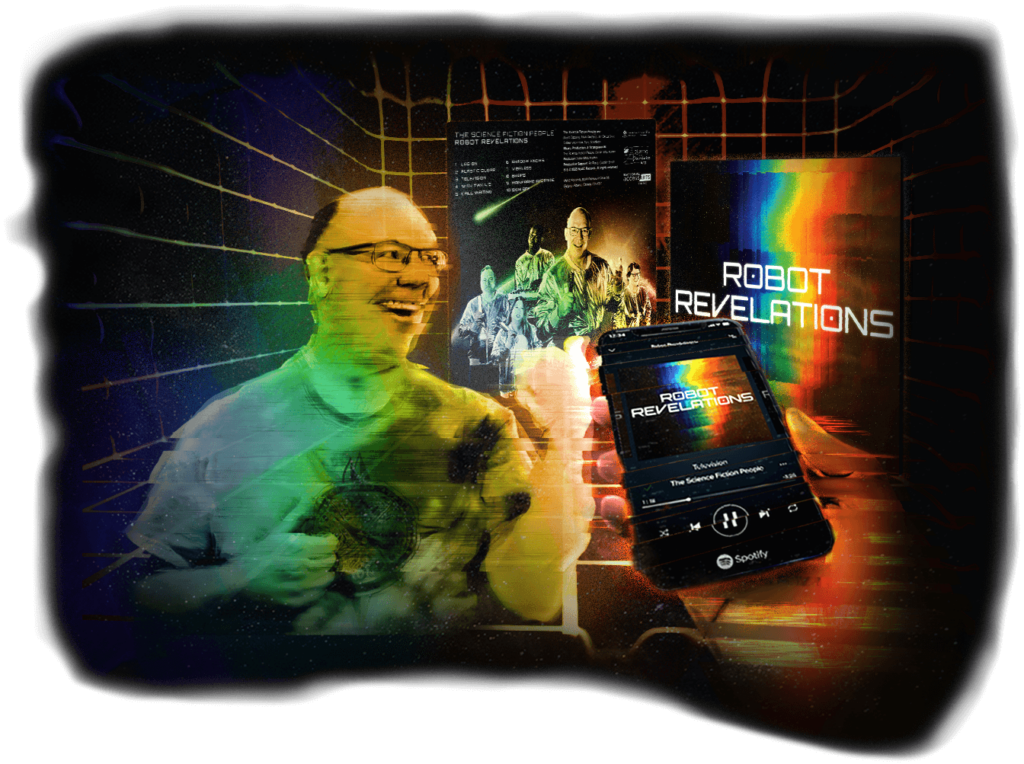Tony Goodison standing in front of a 3D rainbow grid, similar to the holodeck on Star Trek. He is pointing behind his shoulder at the front and back cover of Robot Revelations and looking to the side. There is a hand holding an iPhone with Robot Revelations displayed on Spotify. The image is treated with a rainbow gradient and various “glitch” effects are used to reinforce the digital or sci-fi theme.