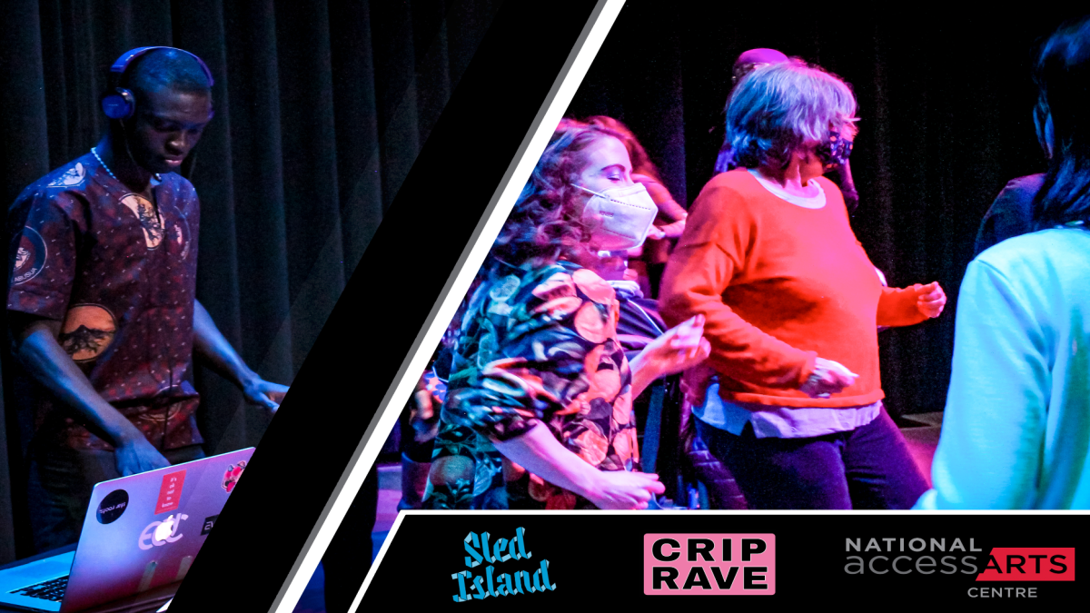 DJ on the left and a group of 3 people dancing on the right in a diptych style. At the bottom right contains logos for Sled Island, Crip Rave and the NaAC.
