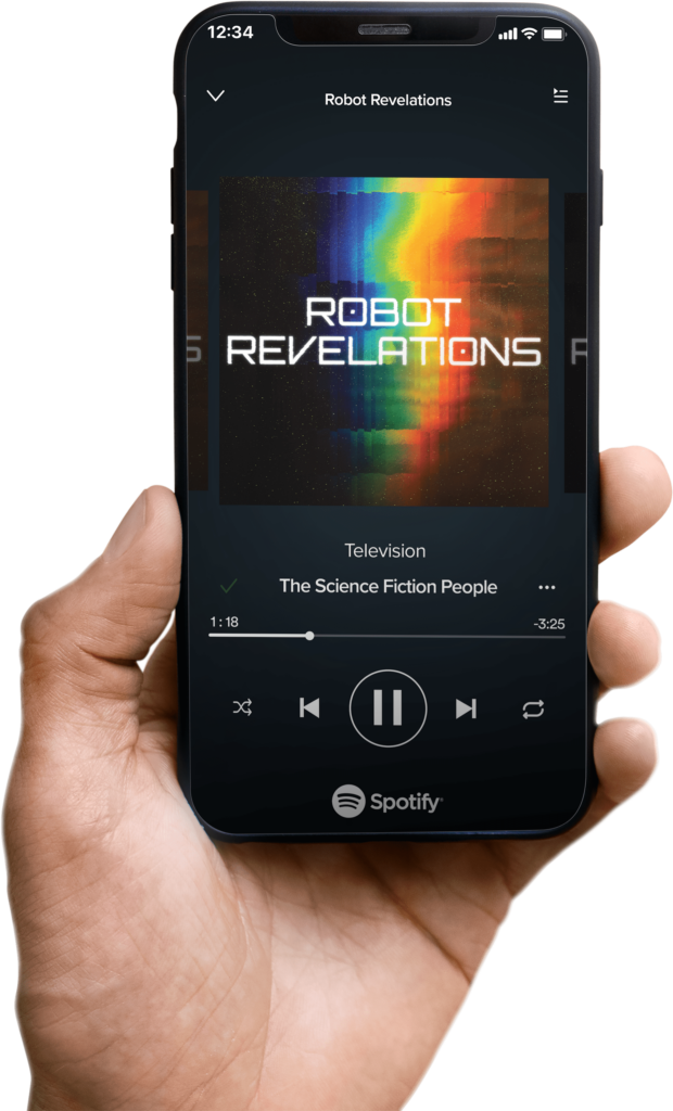 A hand holding a phone displaying The Science Fiction People's music playing on the phone via Spotify.