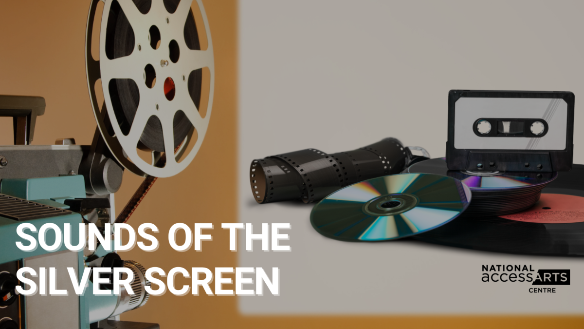 An old film projector projecting an image of a cassette, a roll of film, CDs, and a vinyl record on a white background. The title reads “Sounds of the Silver Screen”.